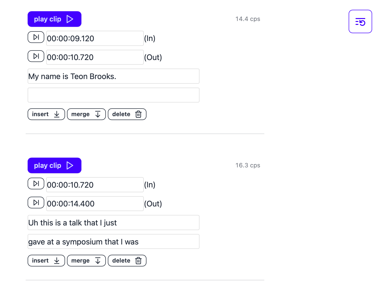 The caption editor: each cue has play clip, in and out times, its caption lines, a characters-per-second reading, and insert, merge and delete controls.