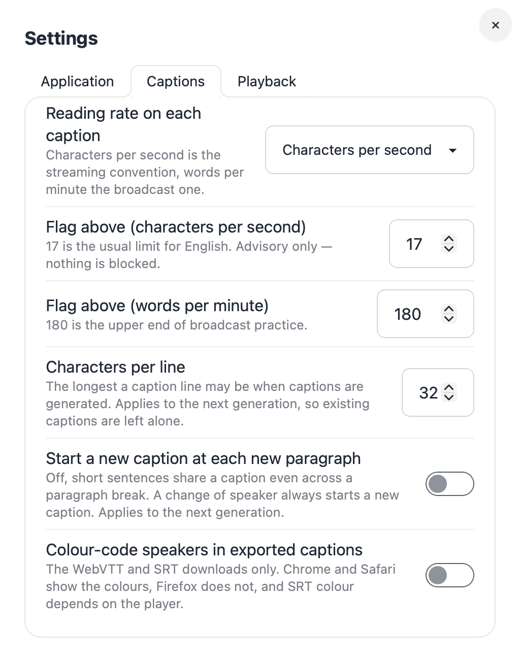 Caption settings: reading rate in characters per second or words per minute, flag above 17 cps or 180 wpm, characters per line, whether to start a new caption at each paragraph, and colour-coded speakers in exported captions.