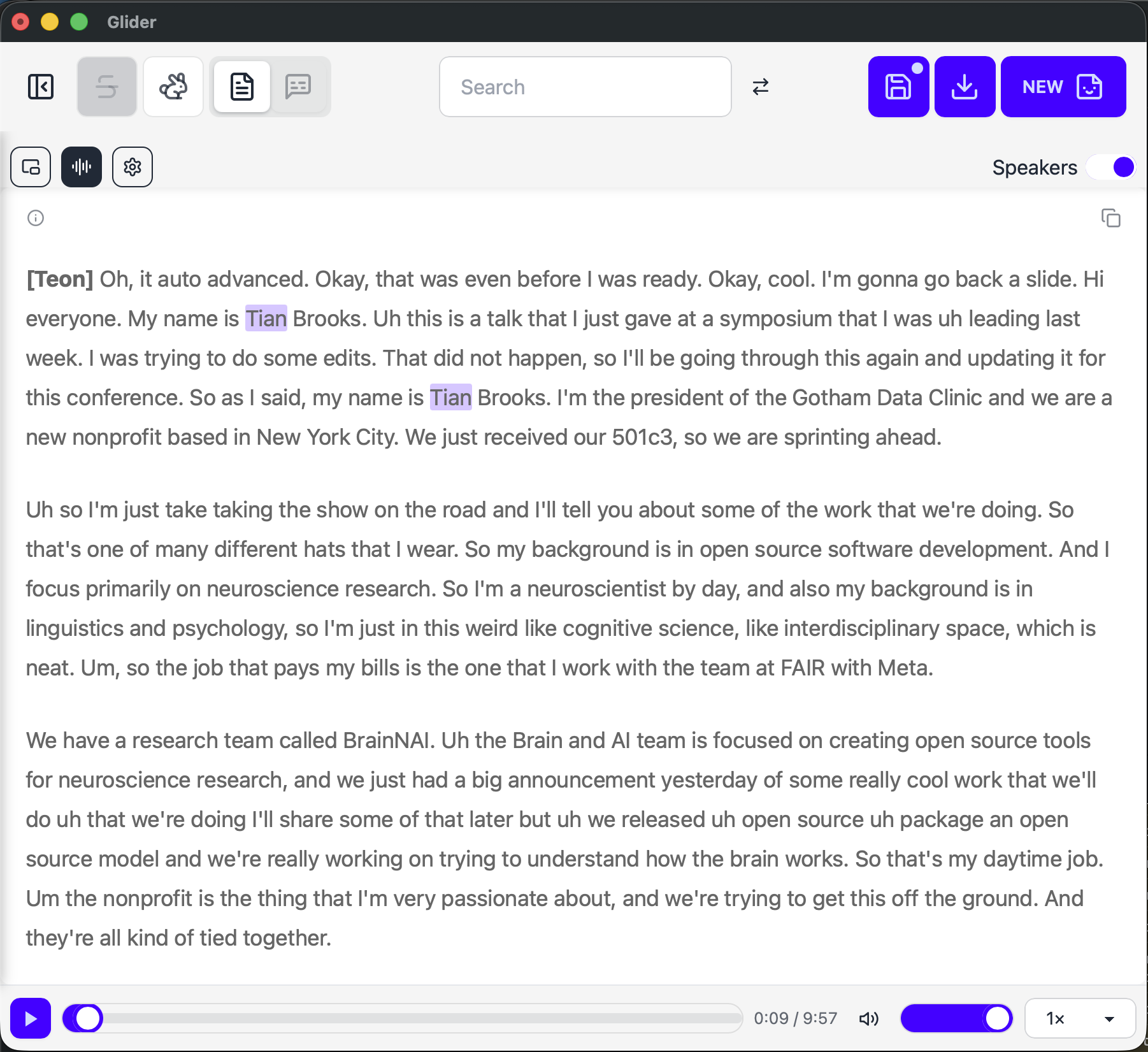 Glider's compact view: just the toolbar, transcript and playback controls.