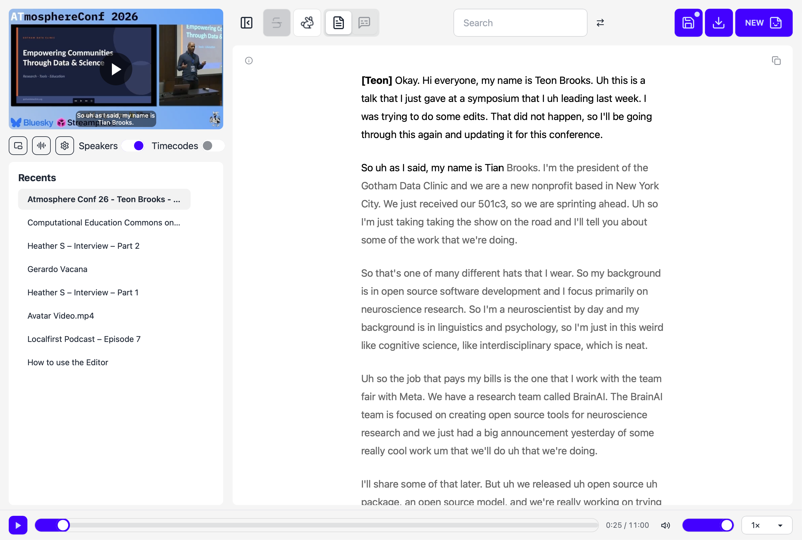 The Glider editor: video and project library on the left, an editable, speaker-labelled transcript on the right, playback controls along the bottom.