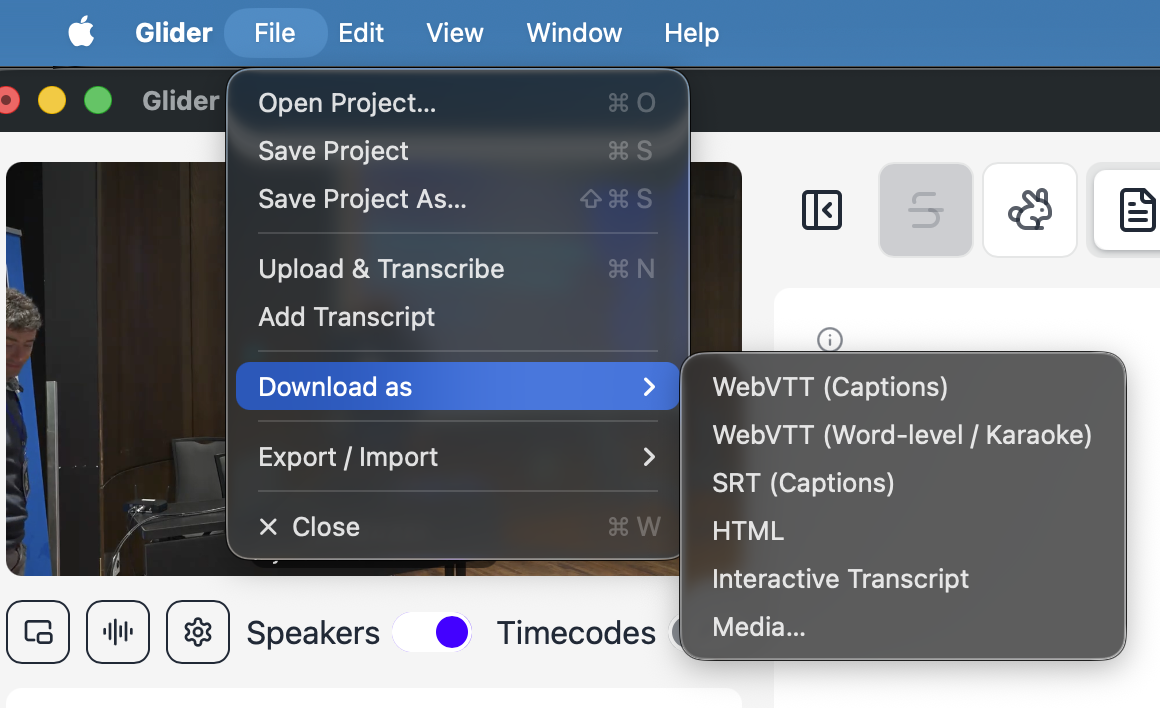 File › Download as: WebVTT captions, word-level WebVTT, SRT, HTML, interactive transcript, media.