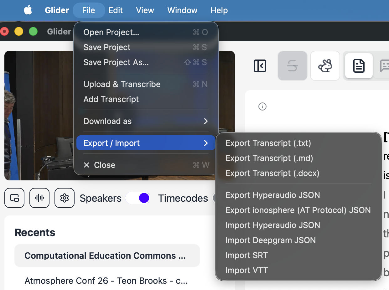 File › Export / Import: transcript as text, Markdown or Word; Hyperaudio and AT Protocol JSON; import Hyperaudio JSON, Deepgram JSON, SRT and VTT.
